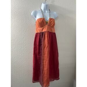 Lauren Moffatt Anthropologie Red Orange Linen Dress Silk‎ Leather Halter Jewl 4